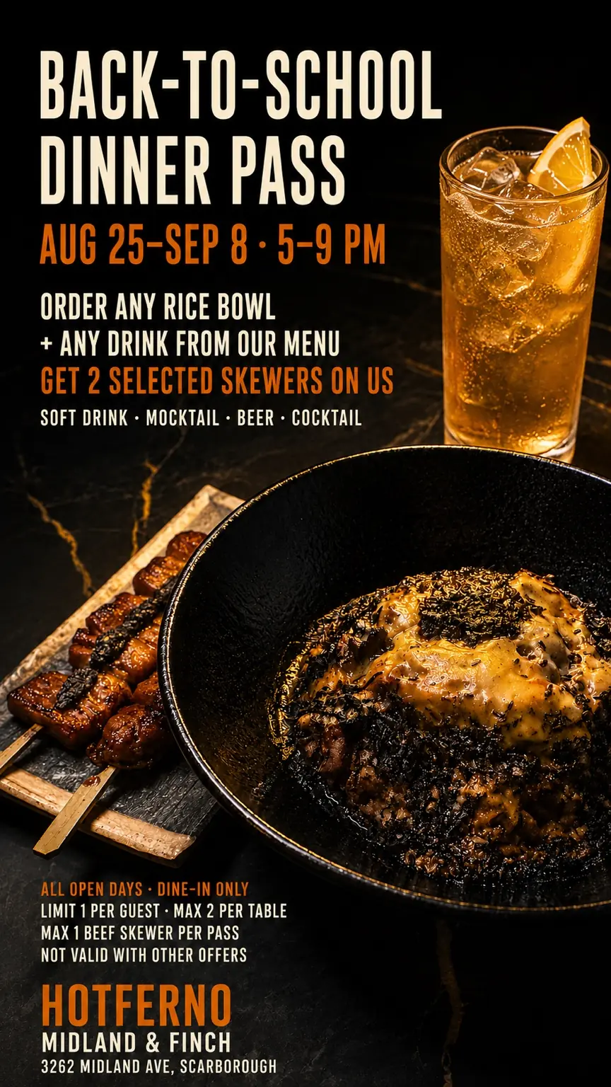 Hotferno Back-to-School Dinner Pass, August 25 to September 8 from 5 to 9 PM